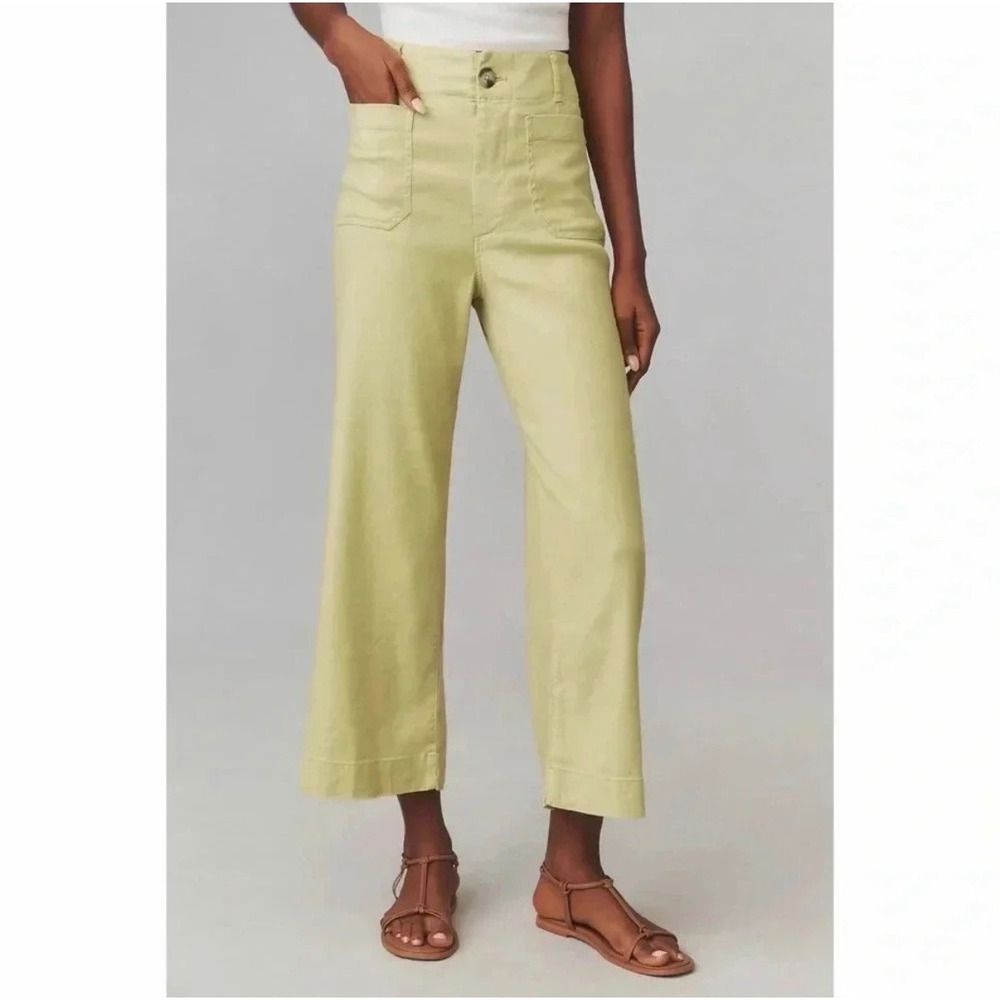 Anthropologie Maeve The Colette Wide Leg Boho Linen Lime Green Pants 26